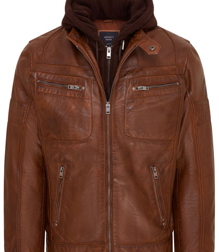 Mens Air Force Hooded Bomber Aviator Real Leather Flight Bomber Jacket - Tan