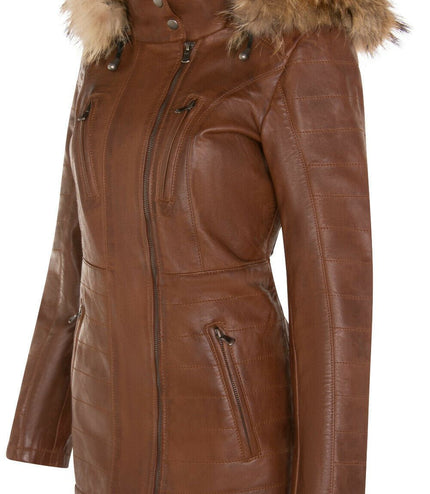 Womens Slim Fit Leather Hooded Parka Jacket-Northam - Tan