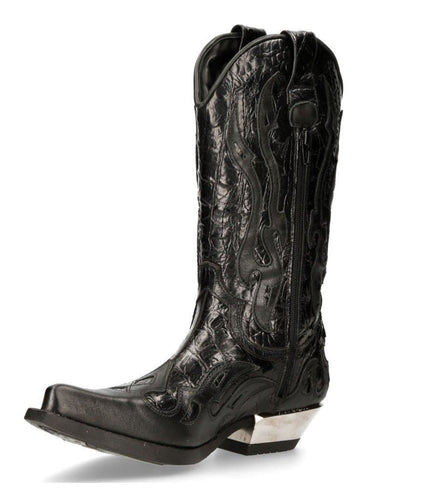 New Rock Flame Accented Black Leather Biker Cowboy Boots- M-7921-S1