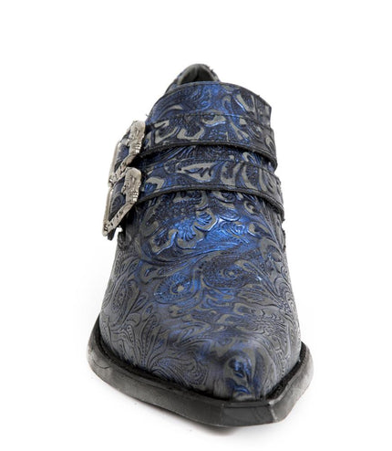 New Rock Vintage Blue Floral Leather Buckle Shoes-7960-S7