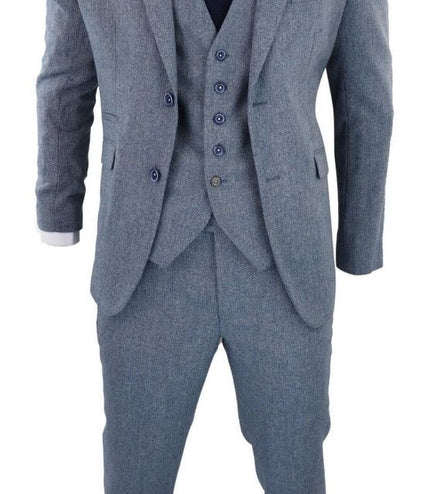 Mens 3 Piece Light Blue Tweed Tailored Fit Retro Classic Suit