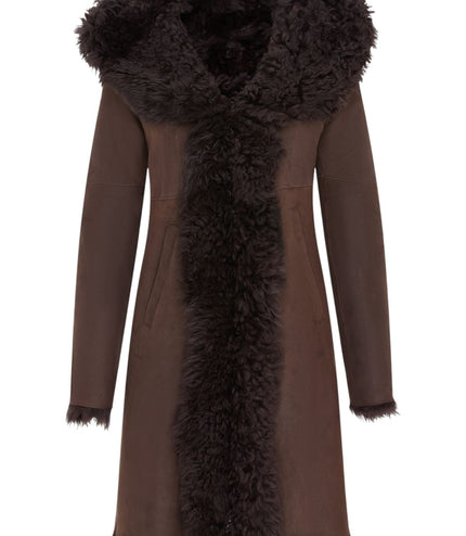 Womens Brown Toscana Sheepskin Leather Hooded Trench Coat - Coast