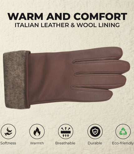 Womens Nude Beige Italian Leather Winter Buckle Soft Wool Lining Gloves - L-GLV-601
