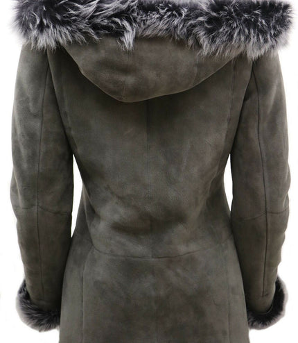 Womens Grey Suede Hooded Merino Sheepskin Coat-Monrovia