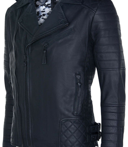 Mens Slim-Fit Double Zip Brando Leather Biker Jacket-Cairo - Black