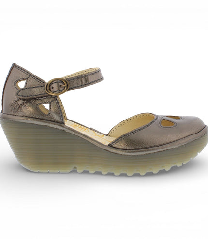 Fly London Women's Yuna Bronze Brown Leather Wedge Sandals