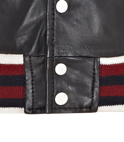 Kids Black Letterman Leather Varsity College Bomber Jacket