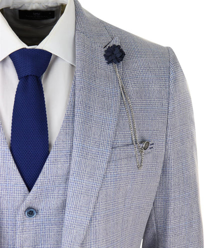 Mens 3 Piece Tweed Suit Light Blue Check Peaky Blinders 1920 Gatsby Wedding Suit