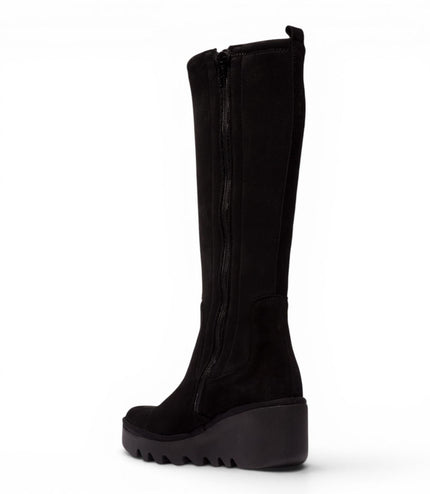 Fly London Womens Black Suede Leather High Wedge Heel Long Boots - BUDI603