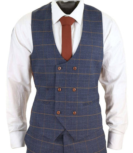 Mens 3 Piece Navy Blue Retro Check Vintage Classic Suit