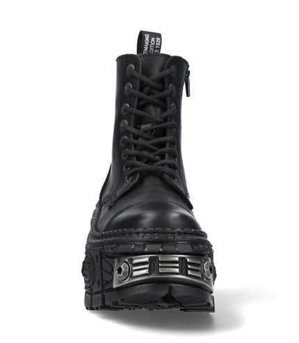 New Rock Metallic Black Leather Boots-WALL083C-S4
