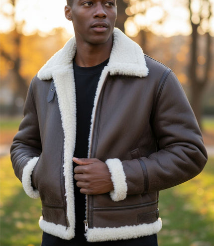 Mens Creck Brown Warm Sheepskin Aviator Zip-Up Flight Jacket-Harrogate