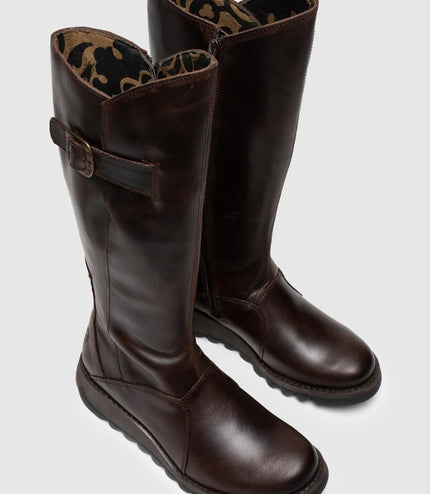 Fly London Womens Brown Mol 2 Leather Wedge Heel Knee High Zip Up Boots