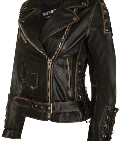 Womens Brando Black Leather Biker Jacket-Bari