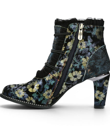 Laura Vita Floral Womens Victorian Blue Leather Heel Ankle Boots - Alcbaneo-130