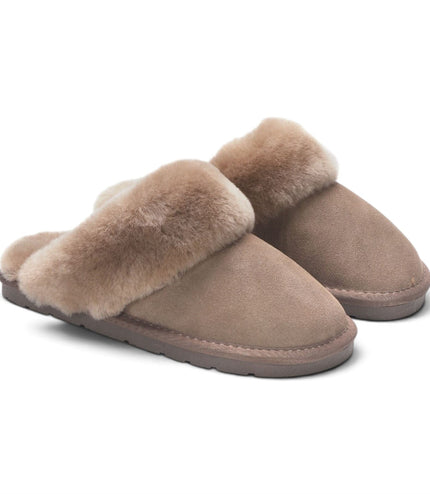 Women's Genuine Sheepskin Taupe Suede Mule Winter Slippers - Luna