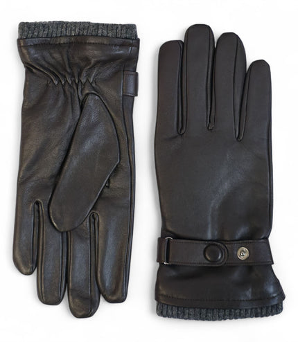 Men's Brown Italian Leather Warm Wool Lining Winter Knit Rib Gloves - M-LGV-105