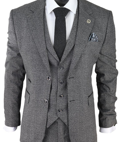 Mens Grey 3 Piece Suit Prince of Wales Check Classic Tailored Fit Wedding Suit