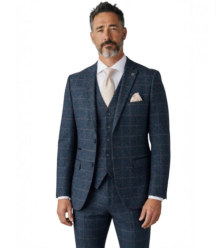 Men's Navy 3 Piece Wool Blend Tweed Suit - Harris