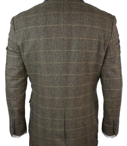 Mens 3 Piece Tan Brown Check Tweed Herringbone Vintage Classic Suit