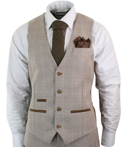 Mens 3 Piece Beige Tweed Check Vintage Retro Suit