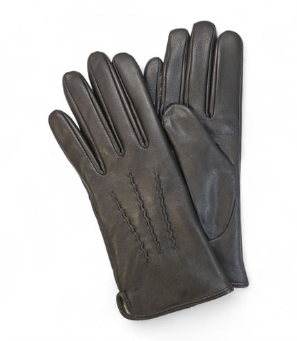 Womens Brown Italian Leather Winter Stitch Line Design Soft Wool Lining Gloves - L-GLV-301