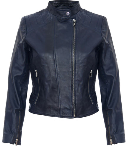 Womens Leather Biker Jacket-Celaya - Navy
