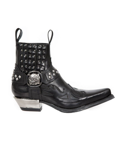 New Rock Studded Black Leather Western Biker Boots-7950-S1