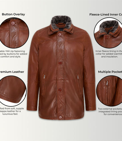 Mens Leather Jacket Classic Trench Coat with Removable Collar Mid Length Warm Overcoat - Tan