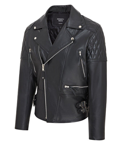 Mens Cowhide Leather Brando Biker Jacket - Garland - Black