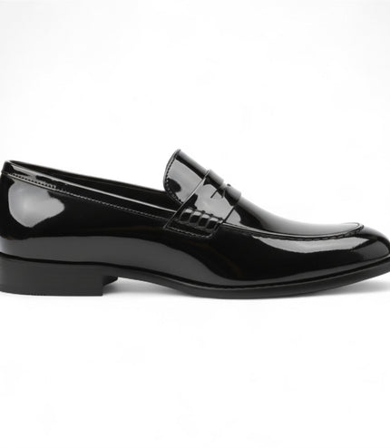 Mens Black Patent Faux Leather Formal Penny Loafers