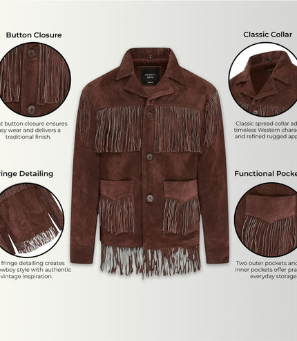Men's Retro Brown Cowboy Suede Leather Fringe Jacket - Western
