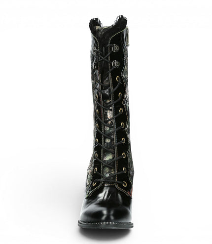 Laura Vita Floral Womens Goth Victorian Black Leather Heeled High Boots - Alcbane-351