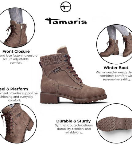 Tamaris Women’s Taupe Warm Lace-Up Winter Outdoor Ankle Boots - 26266-43