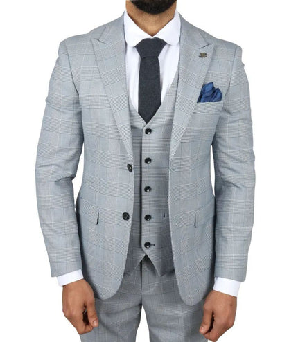Men's Blue Checked 3 Piece Suit Tailored Fit Suit Formal Wedding
