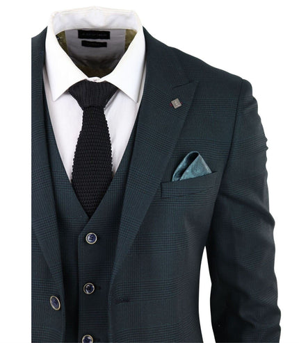 Mens Olive Green 3 Piece Check Tailored Fit Suit