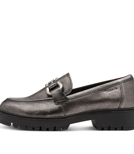 Tamaris Womens Pewter Silver Leather Loafers Slip-On Platform Shoes