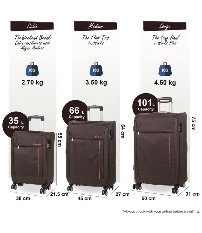 Carrollton Set of 3 Soft Shell Suitcase in Brown