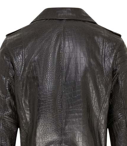 Mens Black Cow Leather Alligator Print Embossed Biker Jacket - Rot