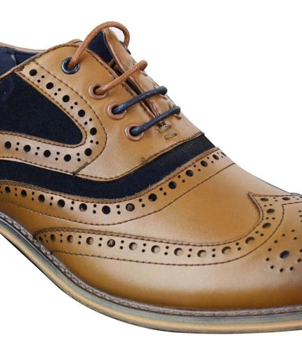 Mens Classic Navy Suede Oxford Brogue Shoes in Tan Leather