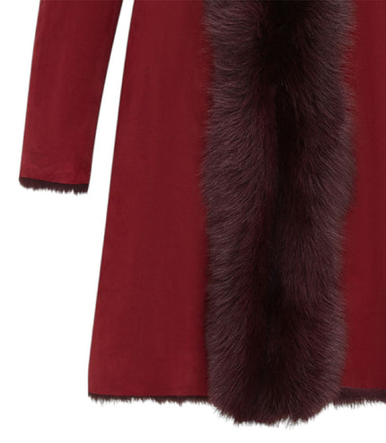 Womens Burgundy Red Toscana Sheepskin Suede Trench Coat-Tbilisi