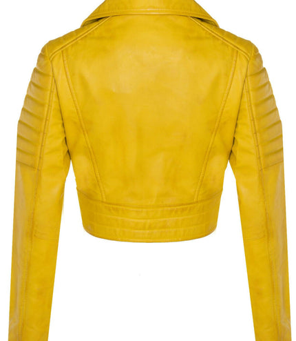 Womens Cropped Brando Leather Biker Jacket-Damascus - Yellow