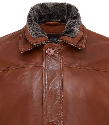Mens Leather Jacket Classic Trench Coat with Removable Collar Mid Length Warm Overcoat - Tan