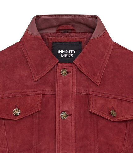 Mens Trucker Goat Suede Western Leather Jeans Jacket - Yangon - Burgundy