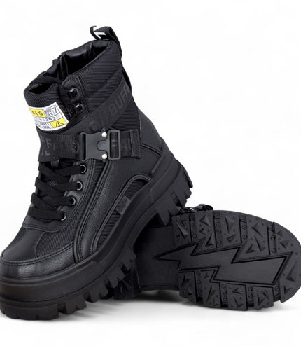 Buffalo Womens Black Chunky Platform High Ankle Combat Boots - ASPHA-COM1
