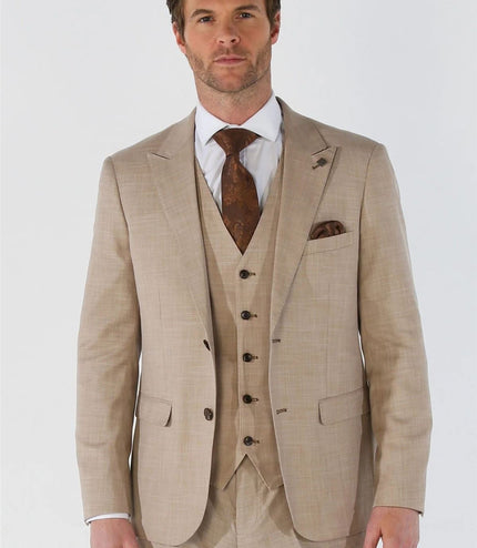 Men's 3 Piece Beige Summer Wedding Tailored Fit Suit
