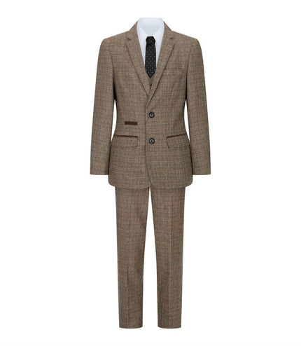 Boys 3 Piece Brown Tweed Check Vintage Retro Suit