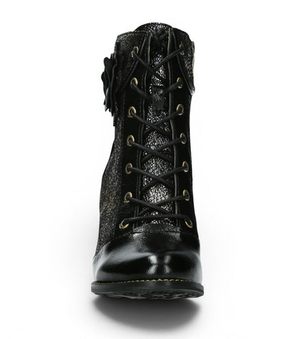 Laura Vita Women’s Black Leather Floral Heeled Lace-Up Boots - Alcbaneo 173