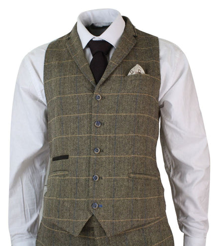 Mens 3 Piece Tan Brown Check Tweed Herringbone Vintage Classic Suit