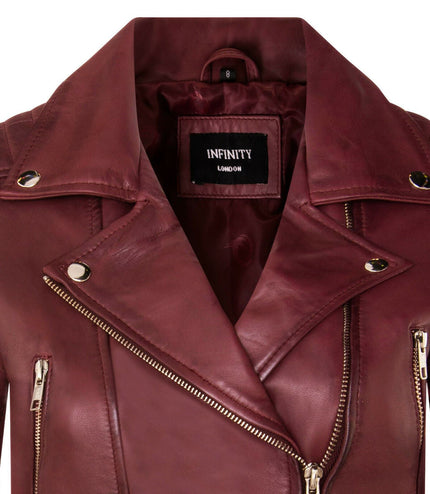 Womens Cropped Brando Leather Biker Jacket-Damascus - Burgundy